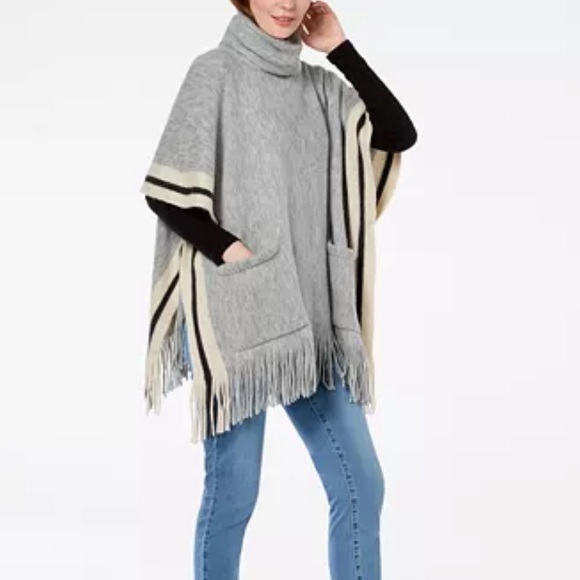 Steve Madden Sweaters - {Steve Madden} Metallic Stripe Fringe Poncho